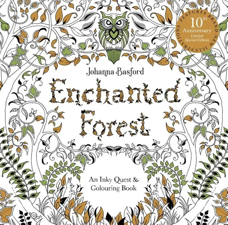 Enchanted forest 10th anniversary limited special edition kleurboek met groene uil en gedetailleerde botanische illustraties