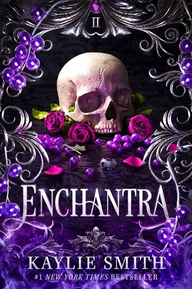 Purple and black ornate book cover with a pale skull surrounded by roses for enchantra spicy fantasy romance novel
