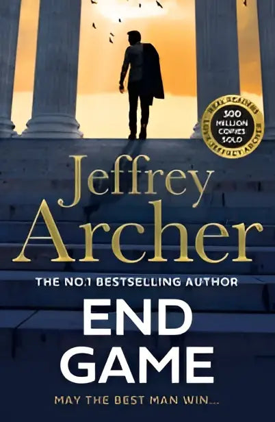 Het boek end game van jeffrey archer met gouden letters en een man die wegloopt bij klassieke zuilen, inclusief william warwick