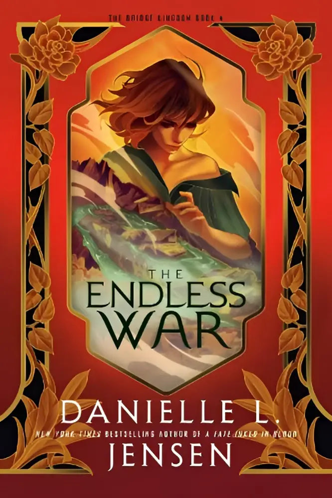 The endless war book cover features a woman with flowing brown hair holding a glowing object in a gold and red frame