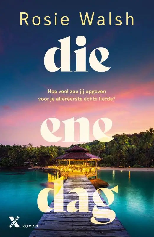 Het boek ene dag toont een gloeiende houten gazebo op een dock bij schemering met kleurrijke roze oranje lucht