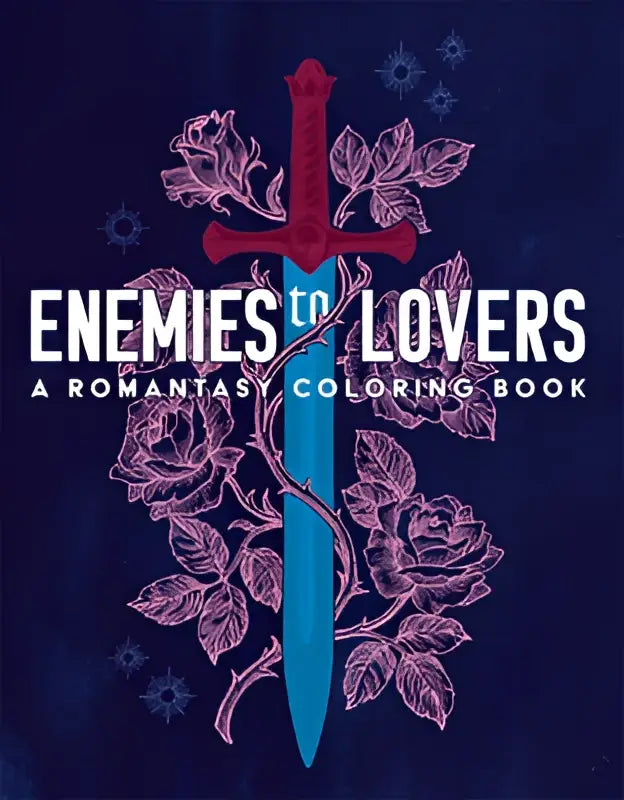 Een romantasy coloring book met een gestileerd zwaard met rode handgreep en teal lemmet omwikkeld met paarse rozen
