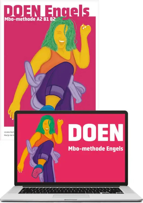 De laptop toont een felroze DOEN Engels combinatiepakket met een illustratie van een persoon met groen haar