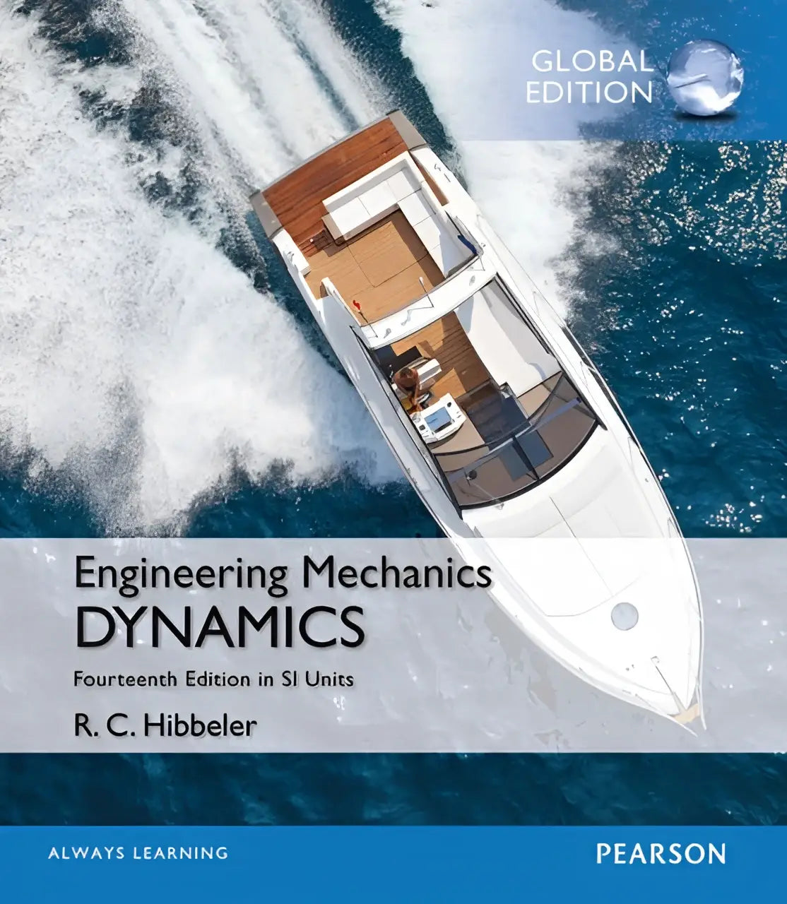 Witbruine motoryacht op de omslag van engineering mechanics dynamics SI edition boek over materialenwetenschap