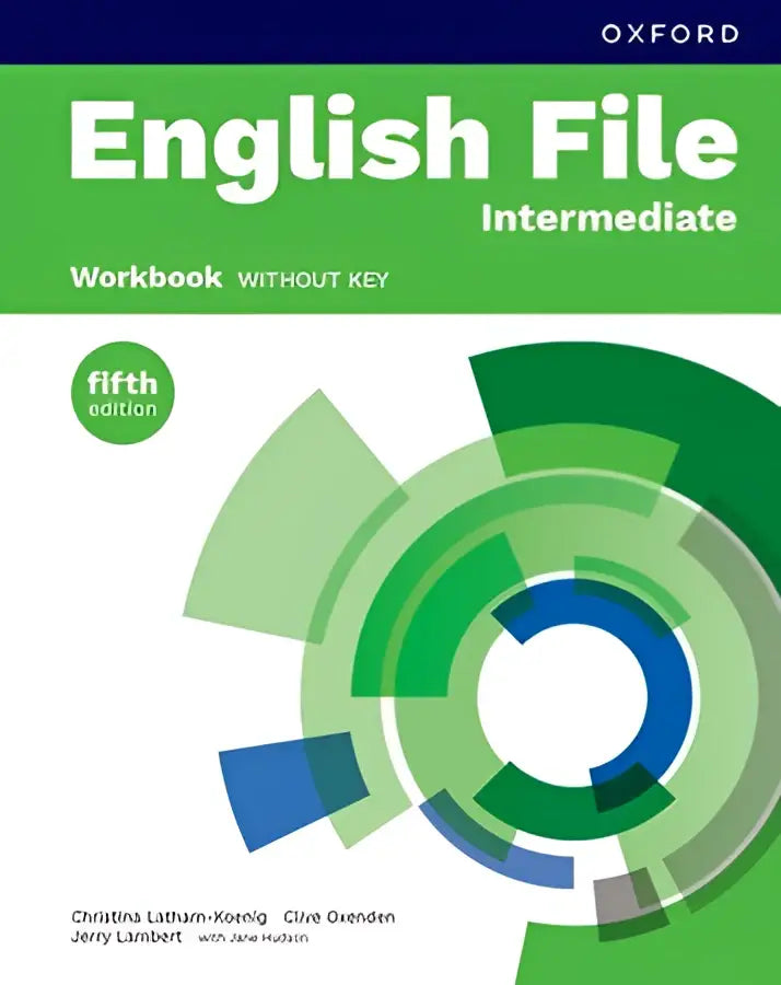 Green and blue geometric design cover of the english file 5th edition intermediate workbook without key