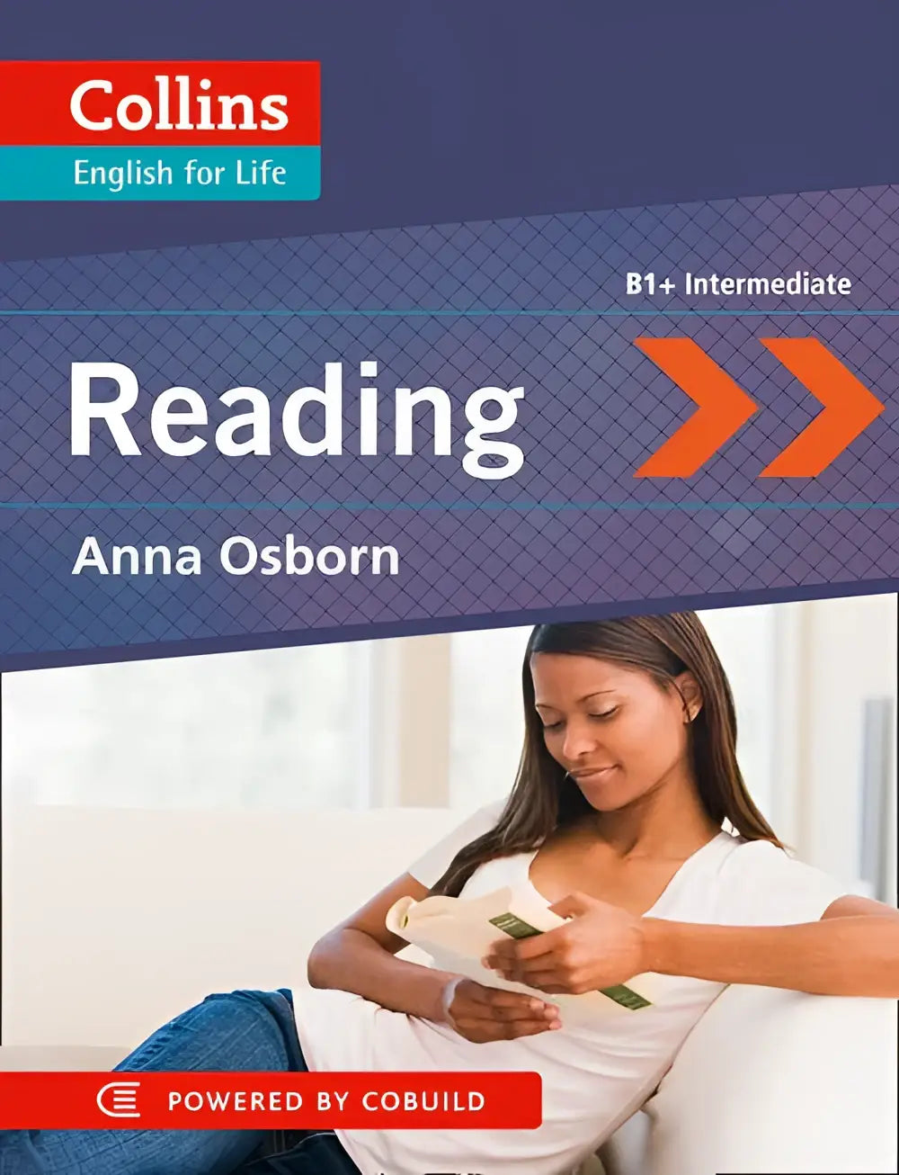Het Collins B1+ intermediate leesboek van Anna Osborn met een vrouw in het wit lezend op de omslag voor Engels voor het leven
