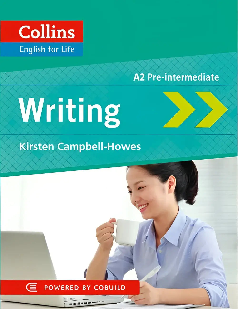 Collins english for life a2 pre-intermediate writing workbook with a vrouw in een lichtblauw overhemd die lacht en schrijft aan een laptop