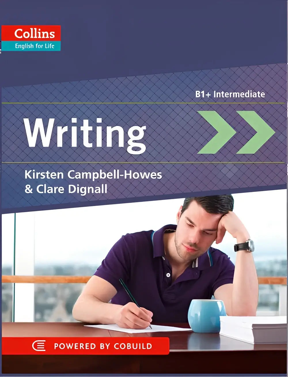 Collins b1+ intermediate writing textbook english for life met man in paarse polo die aan bureau schrijft