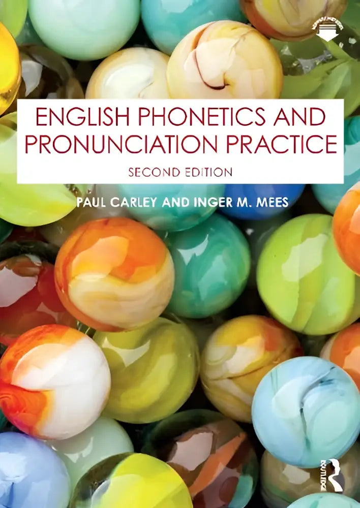 De boekomslag toont engels phonetics and pronunciation practice met een kleurrijke gemarmerde glazen achtergrond