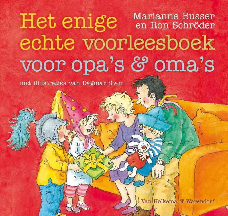 Vibrant rood voorleesboek voor opa’s en oma’s met vrolijke illustratie van kinderen en volwassenen die cadeaus delen