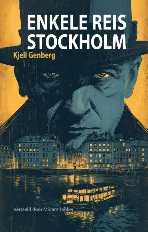 De boekcover van enkele reis stockholm toont een man met zwarte hoge hoed en gloeiende gele ogen tegen regenachtig stockholm