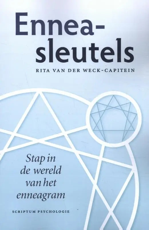 Het boek enneasleutels van rita van der weck-capitein heeft een minimalist design met witte enneagram symbolen op lichtblauwe achtergrond voor stap in de wereld van het enneagram