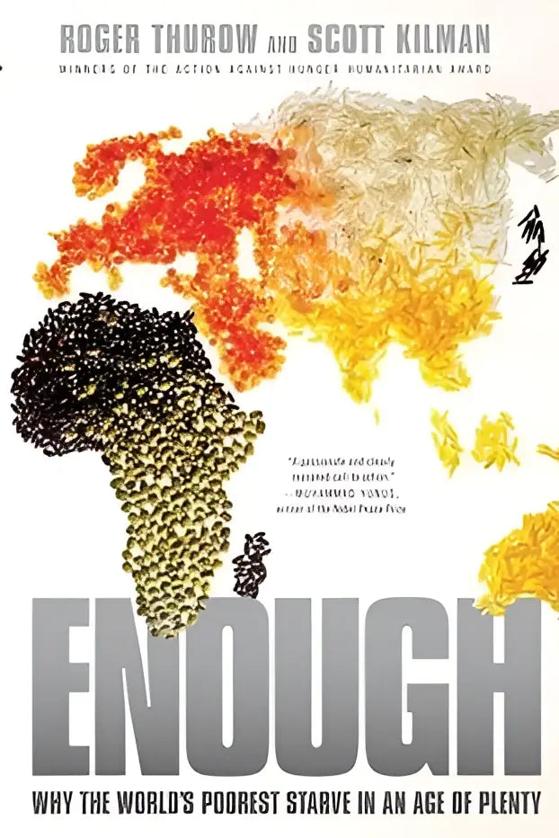De boekcover enough toont de titel in grijze letters met een Afrika kaart van korrels en zaden in aardetinten