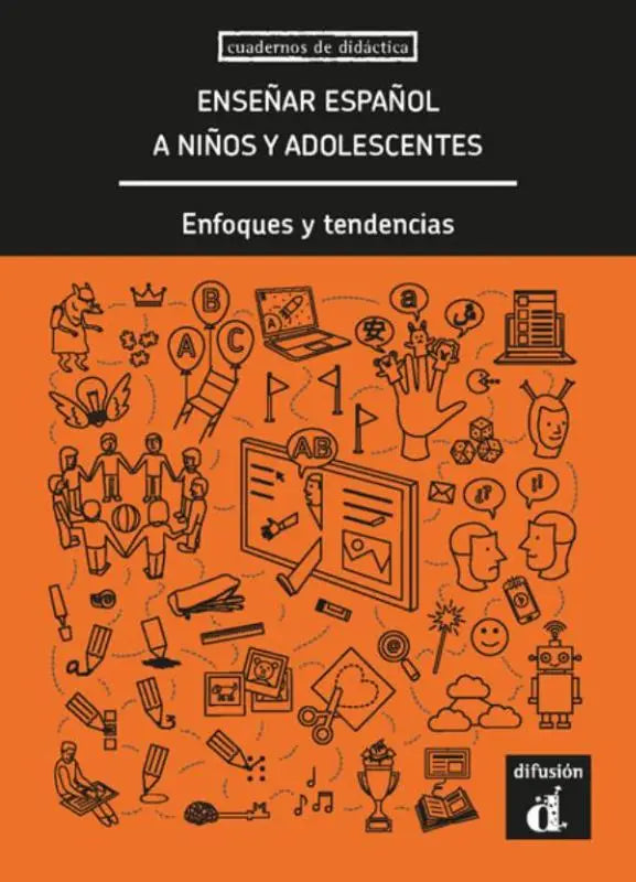 Oranje kaft van educatief werkboek enseñar español a niños y adolescentes met zwart lijntekening van lesmateriaal
