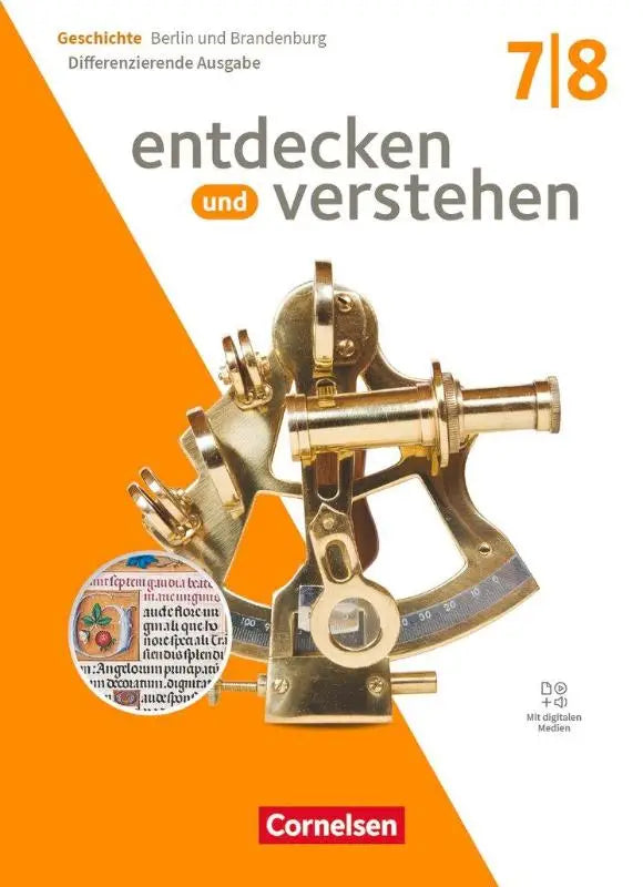 Gouden messing sextant met gegraveerde schaal en verstelbare armen voor ontdekken und verstehen geschichtsbuch