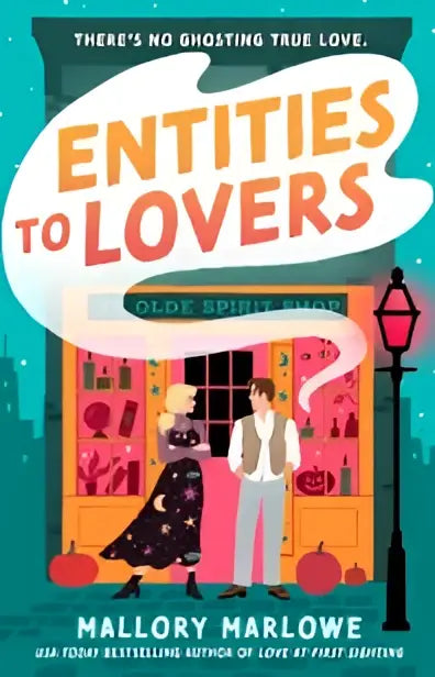 De boekcover van entities to lovers toont de titel in speelse oranje en witte letters voor een sierlijk winkelraam