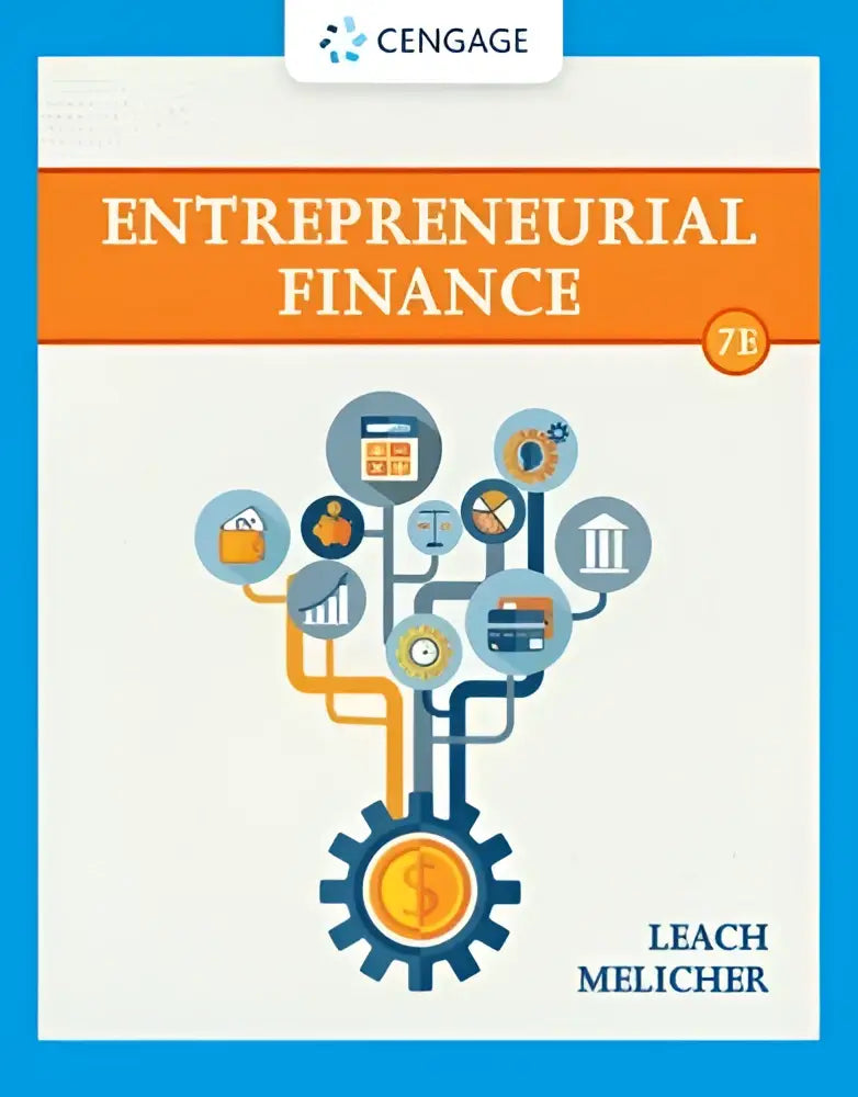 De boekcover van entrepreneurial finance toont een oranje banner met de titel in witte letters tegen een witblauwe achtergrond