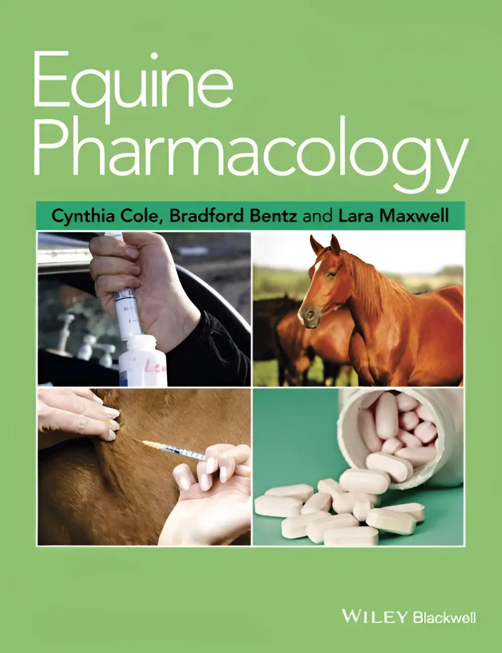 De cover van het boek equine pharmacology door cynthia cole, bradford bentz en lara maxwell met body systems approach