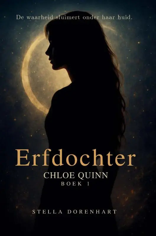 Silhouet van vrouw met lang haar voor maan en sterren nachthemel in chloe quinn boek erfdochter voor jonge lezers