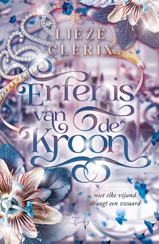 De voorkant van het boek erfenis van de kroon toont een sierlijke, met juwelen bezette kroon op een zacht paars-blauwe bloemrijke achtergrond