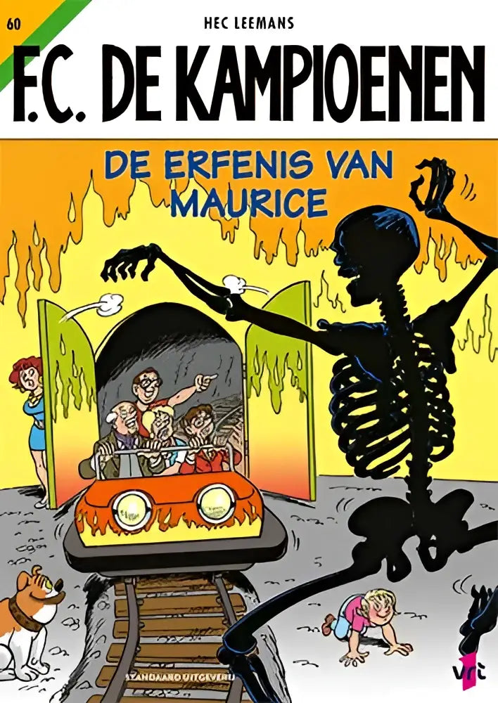 De erfenis van Maurice cover met een zwarte skeletfiguur naast een oranje auto op spoorrails tegen een geel vuur achtergrond