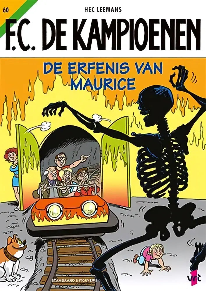 De erfenis van maurice boekcover met zwarte skeletfiguur naast oranje auto op spoor tegen vurig gele achtergrond hec leemans strips algemeen