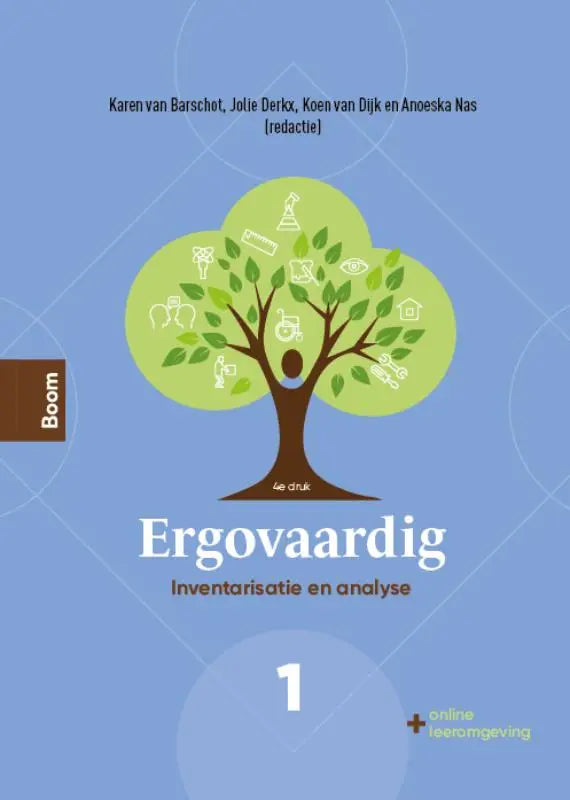 De cover van het nederlandse leerboek ergovaardig van boom met een gestileerde groene boom en witte iconen voor hoger onderwijs