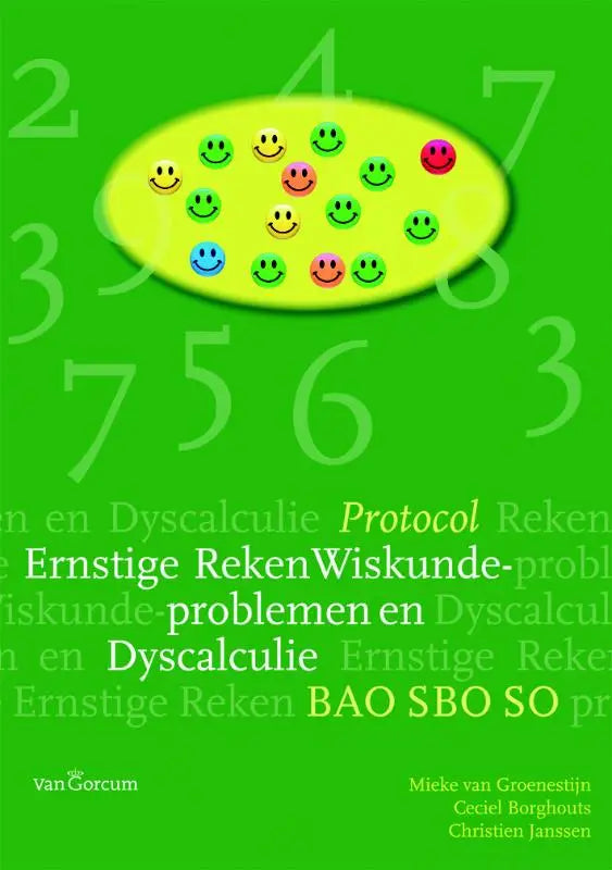 Groene boekomslag ernstige reken-wiskundeproblemen en dyscalculie met gele ovale en kleurrijke lachende gezichtspictogrammen geschikt voor exacte vakken en informatica algemeen