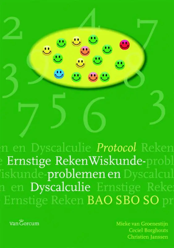 Groene boekcover van ernstige reken-wiskundeproblemen en dyscalculie met geel ovaal en kleurrijke gezichtspictogrammen binnen exacte vakken