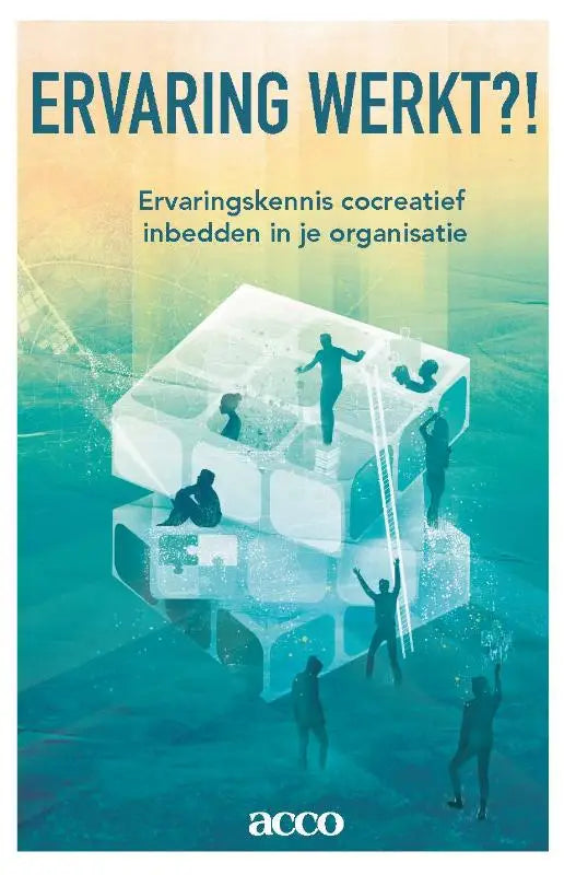 Een doorschijnend meerlagig kubusmodel met gesilhouetteerde figuren voor het boek ervaring werkt van didier reynaert acco uitgeverij