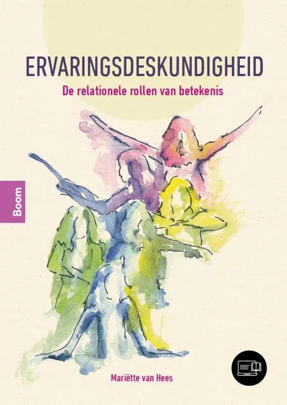 Waterverf illustratie van drie figuren in kleurrijke, vloeiende kledij over relationele rollen op lichte crèmekleurige achtergrond