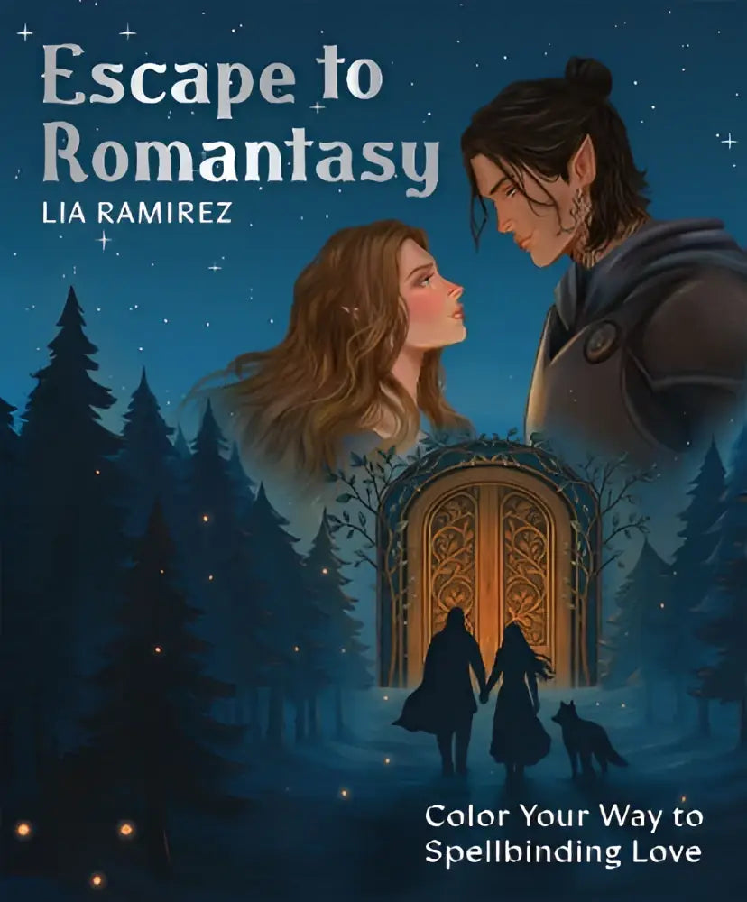 De cover van het kleurboek escape to romantasy toont een gouden boogdeur tegen een sterrennacht voor een way to spellbinding ervaring