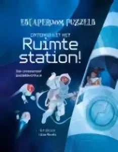 Blauw-witte space-themed poster met astronauten in futuristisch station voor een interactief puzzelavontuur jonge lezers