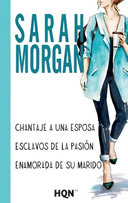 Boekcover van esclavos de la pasión met aquarelillustratie van vrouw in lichtblauwe trenchcoat en koffie in hand