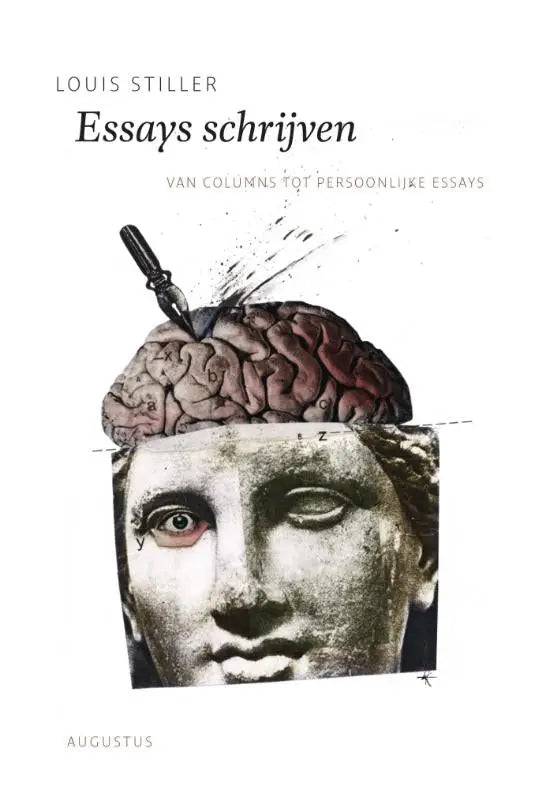 De boekcover van essays schrijven toont een illustratie van een menselijk brein met pen tegen een klassiek standbeeld louis stiller persoonlijke essays