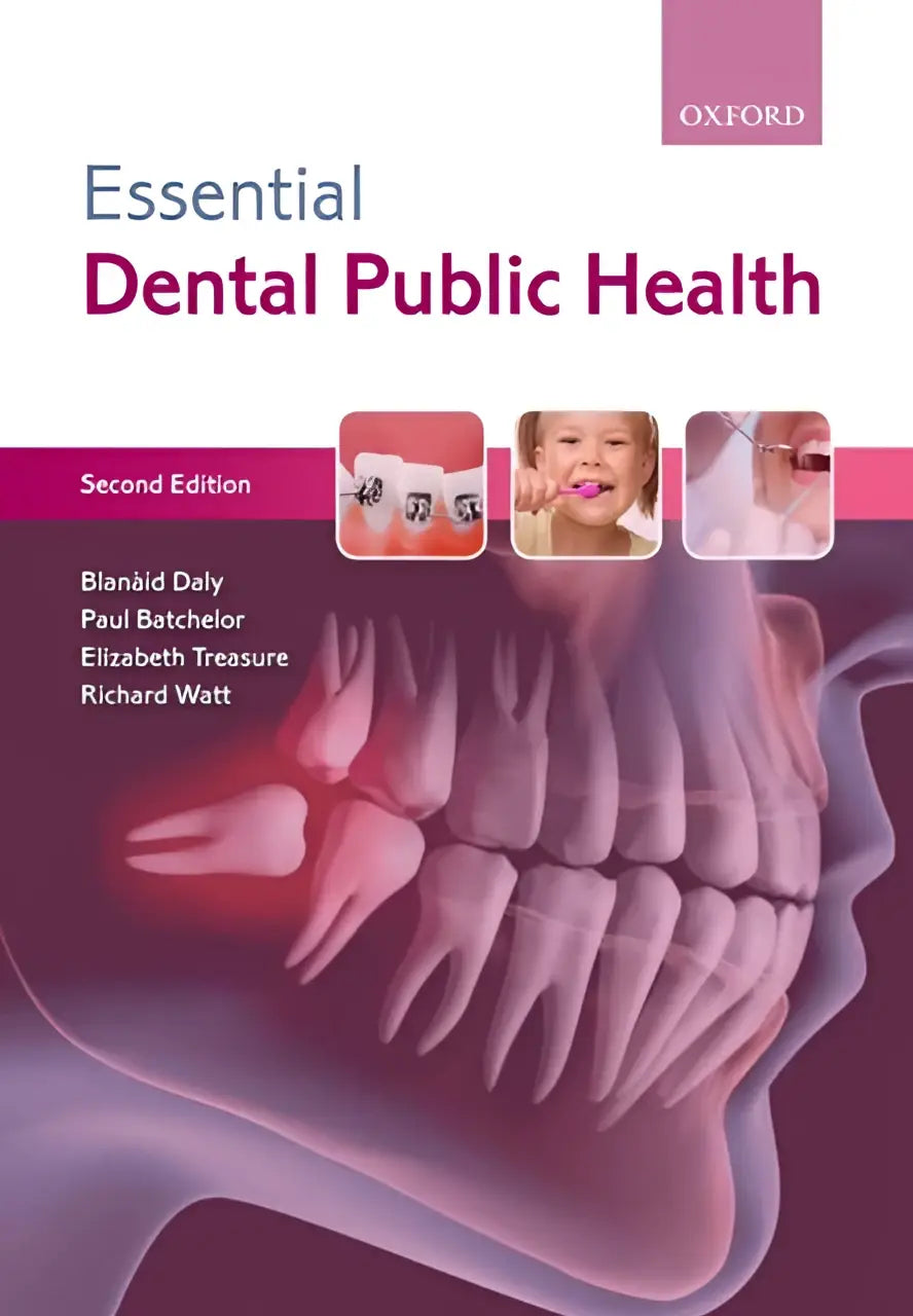 Essential Dental Public Health tweede editie boek van Oxford met paarse en roze omslag en illustratie van menselijke kaak