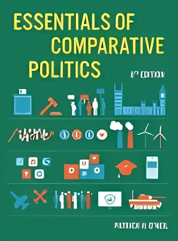 Groen boek met gele titel essentials of comparative politics en gekleurde iconen over kernconcepten van comparative politics