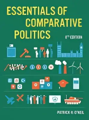Groen boekomslag essentials of comparative politics met witte tekst en kleurrijke politieke symbolen