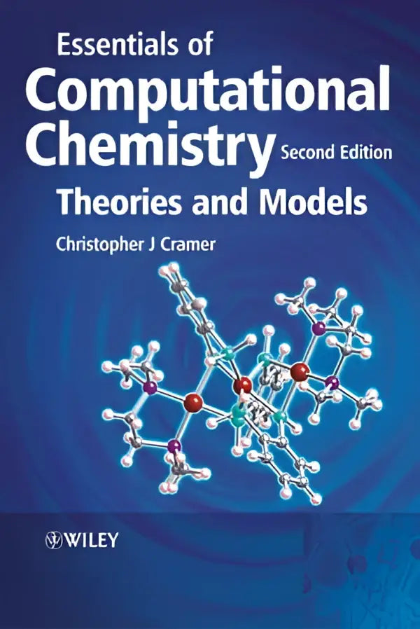 Boekomslag essentials of computational chemistry tweede editie met blauw achtergrond en moleculaire modellen theories and models