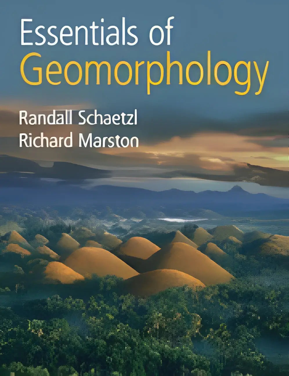 De omslag van essentials of geomorphology toont een landschap met aardetinten onder een schemerige hemel voor studie van earth as well