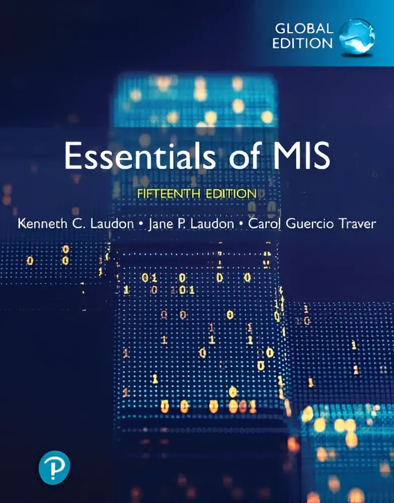 Dark blue hardcover textbook essentials of mis global edition featuring binary code and labeled fifteenth edition