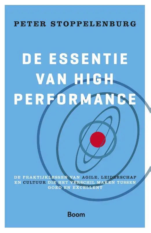 Lichtblauw boek de essentie van high performance door peter stoppelenburg met rode cirkel en donkergrijze concentrische lijnen