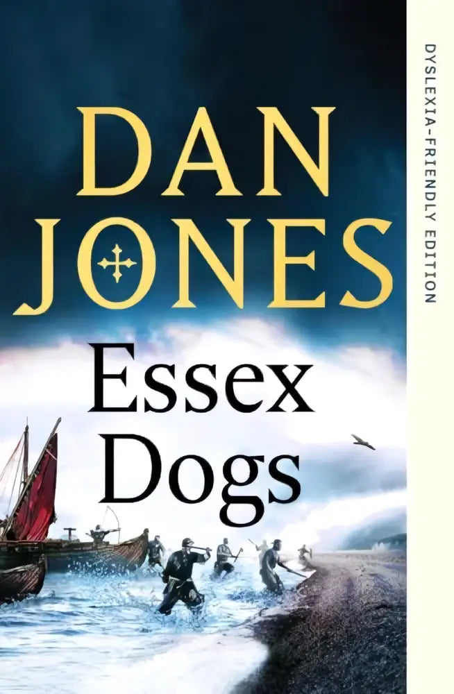 De boekcover van essex dogs dyslexia-friendly edition toont gouden letters op donkere achtergrond met soldaten bij boten