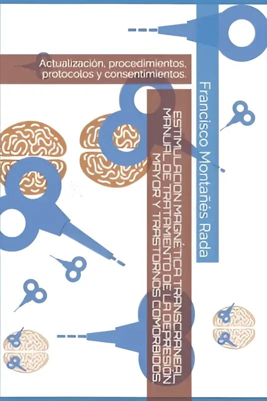 Boekcover blauw en bruin met hersenillustraties en schaar voor estimulacion magnética transcraneal bij mayor y trastornos