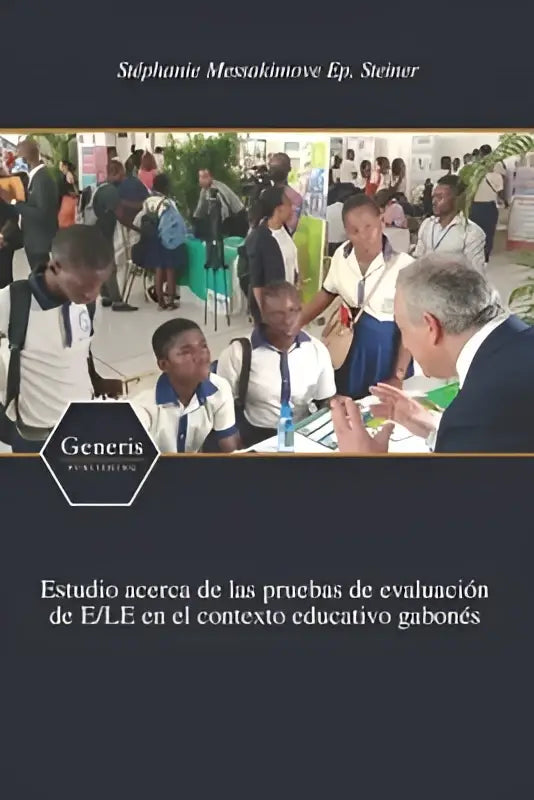 The book cover features a dark navy background with white and gold text for estudio acerca de las pruebas in contexto educativo gabonés