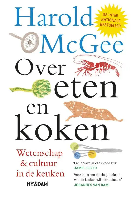 De boekcover van over eten en koken door harold mcgee toont aquarelillustraties van garnalen artisjok en varkensvlees