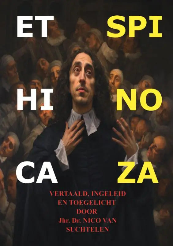 Donker dramatisch schilderij van man in historische kleding met lange zwarte haren en witte kraag bij filosofie algemeen ethica