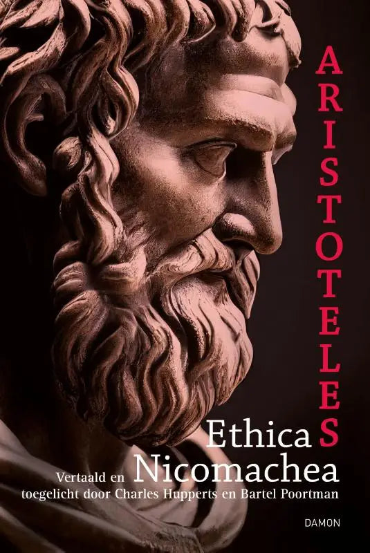 De cover van ethica nicomachea toont een gedetailleerd, klassiek stenen beeldhouwwerk van aristoteles hoofd met golvend haar en baard