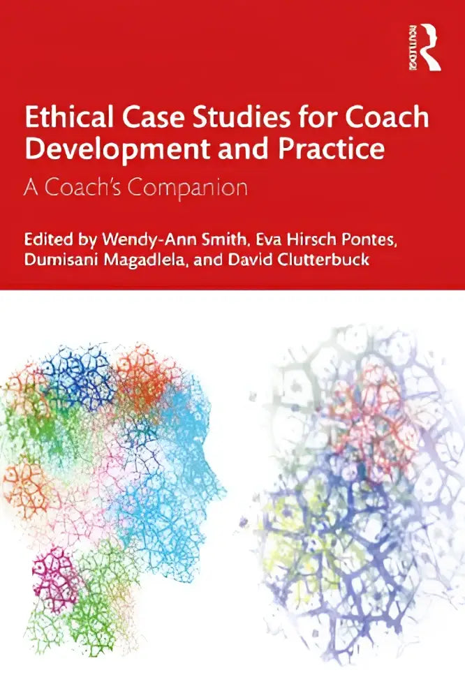 Rode boekomslag met ethische case studies voor coach development en practice en een kleurrijke hersensilhouet
