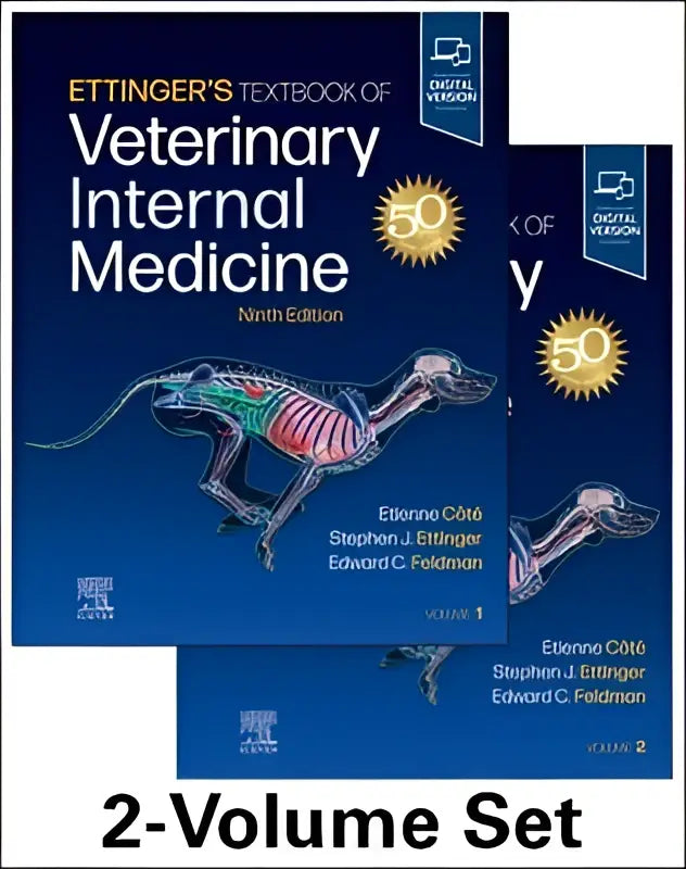 The 2-volume set of ettingers textbook of veterinary internal medicine ninth edition features a blue cover dog anatomical illustration and digital access as an all-in-one veterinary resource and doodys core title